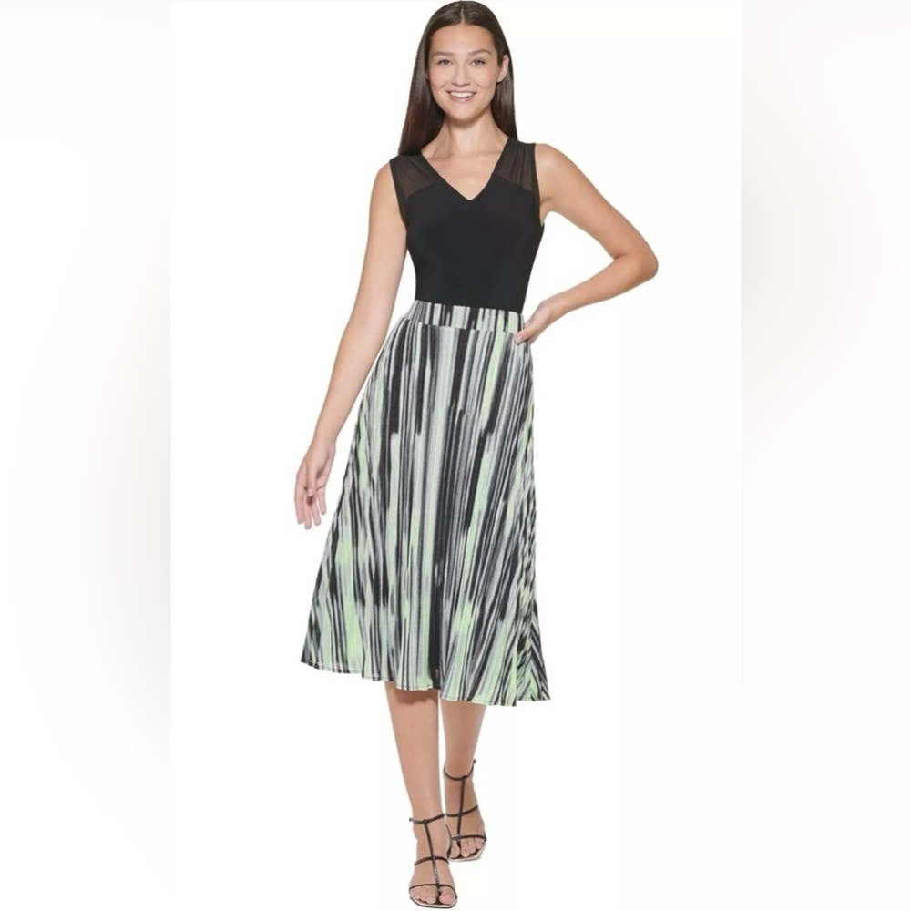 DKNY L Y2K Midi Skirt Pleated Crinkle Iridescent Grunge Indie Sleaze Green Black